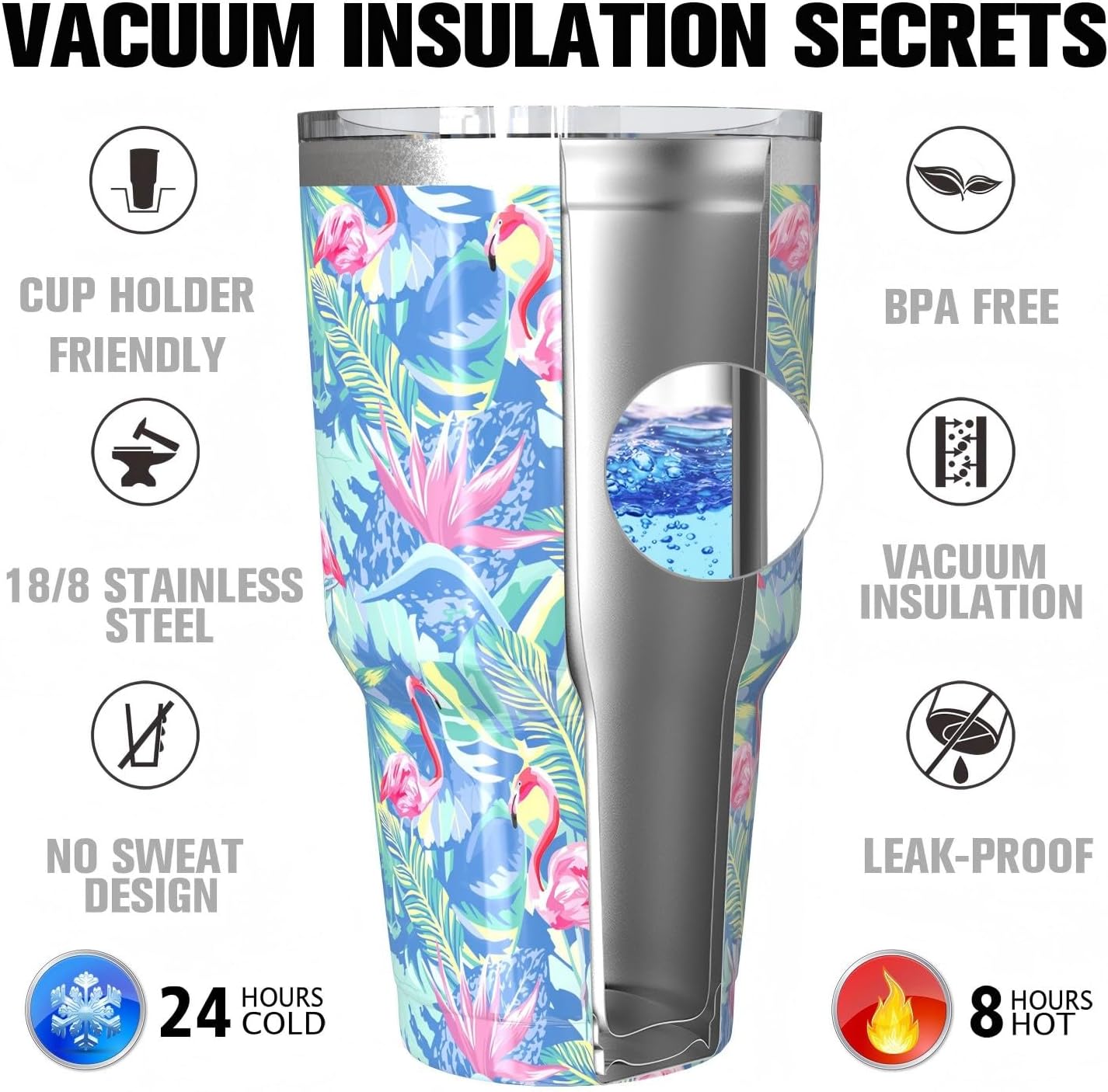 30oz Insulated Tumblers with Lids and Straws, Double wall Stainless Steel Tumbler with straw, Reusable Spill Proof Tumbler, Perfect for Iced Coffee, Tea & More- Flamingo