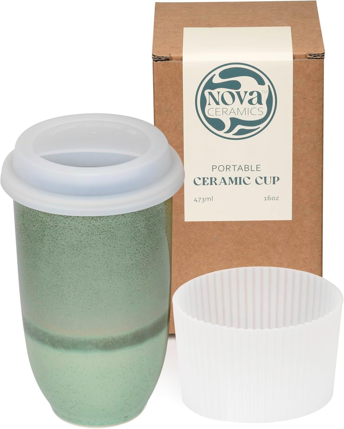 NOVA CERAMICS Coffee Tumbler – Travel Mug - On the Go Coffee Mug – Microwave & Dishwasher Safe Green Coffee Tumbler - Gifts For Women Men Him Her – 16oz – Monsoon