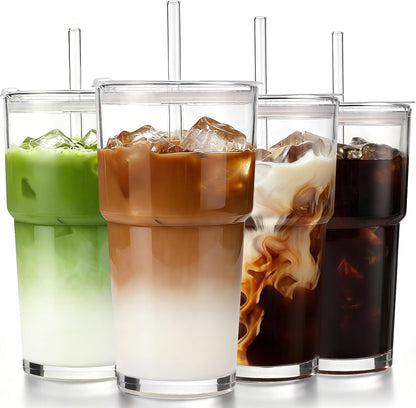 Iced Coffee Cups with Lids: Coffee Bar Accessories - Ribbed Glass Tumbler with Straw and Lid 4Pcs - 20oz Leak Proof Tumbler - Reusable Glass Cups and Tumblers with Lid and Straws for To Go Iced Coffee