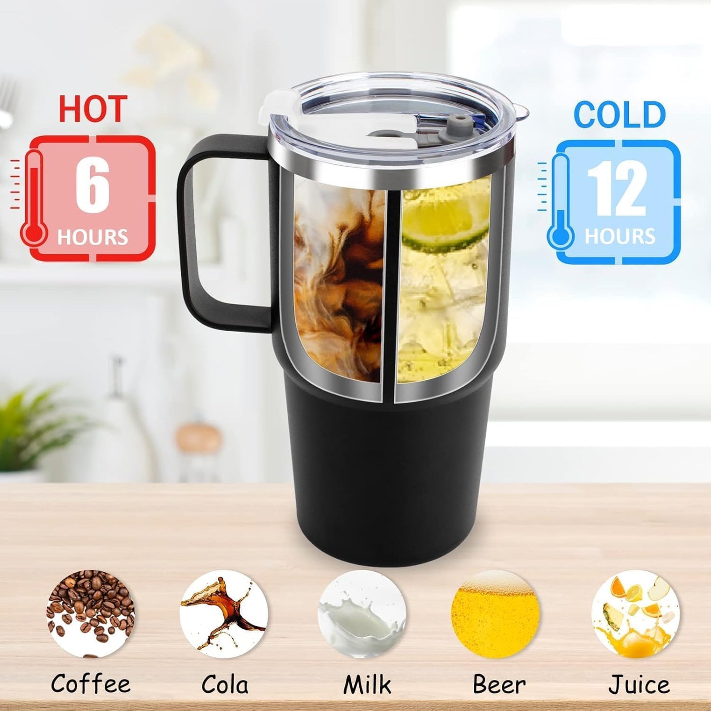 Sursip Insulated Coffee Mug with Handle and Lid, 24 oz Double Wall Vacuum Travel Thermal Coffee Tumbler with Straw for Home, Office Stainless Steel Coffee Cup - Leak proof, BPA Free (Black-1 Pack)
