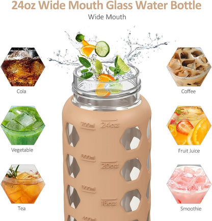 MUKOKO Glass Water Bottles, 32oz Glass Tumbler with Straw, Drinking Bottles with 2 Lids-Handle Spout Lid&Bamboo Straw Lid, Motivational Water Bottle with Time Marker and Silicone Sleeve, 1 Pack-Olive
