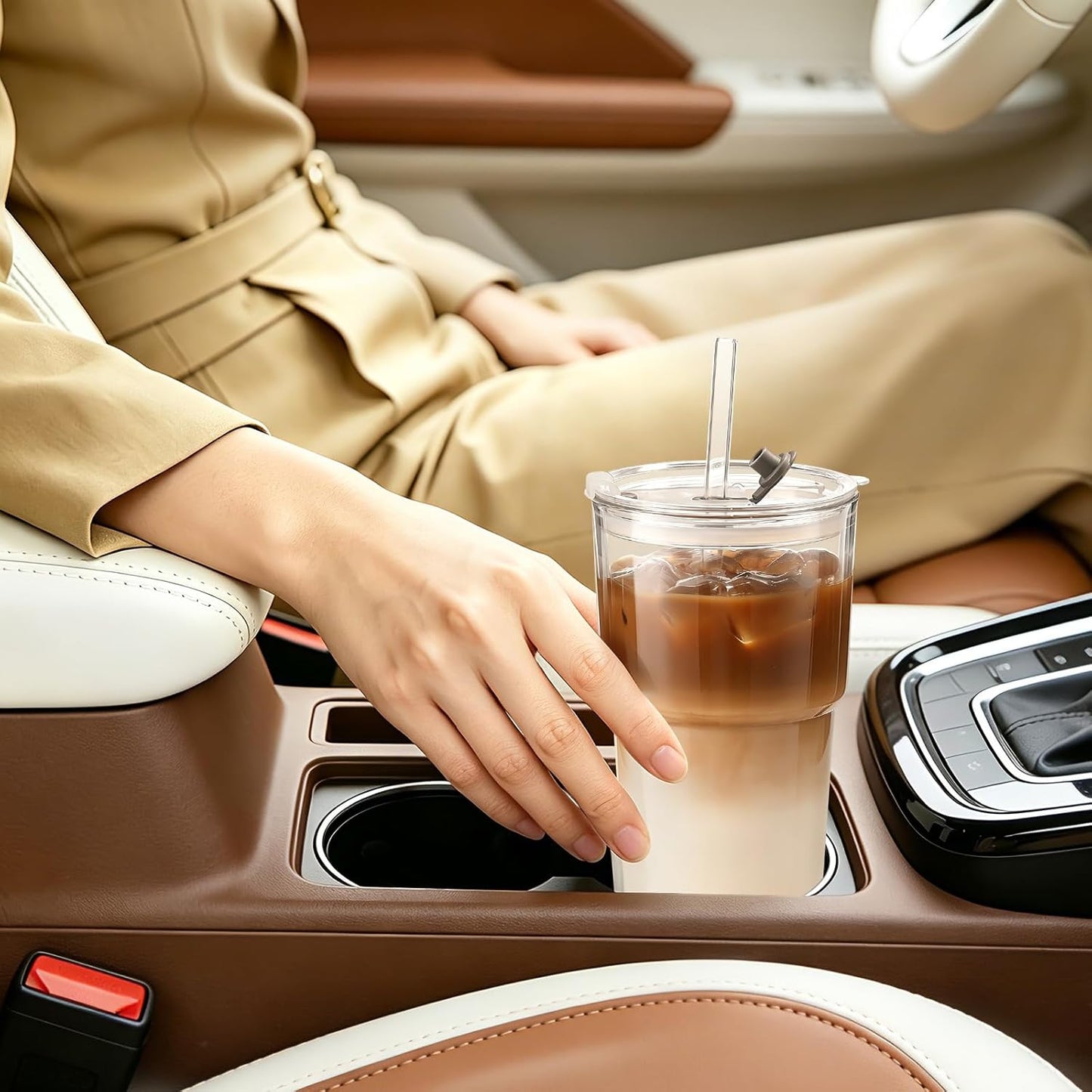 Iced Coffee Cups with Lids: Coffee Bar Accessories - Ribbed Glass Tumbler with Straw and Lid 4Pcs - 20oz Leak Proof Tumbler - Reusable Glass Cups and Tumblers with Lid and Straws for To Go Iced Coffee