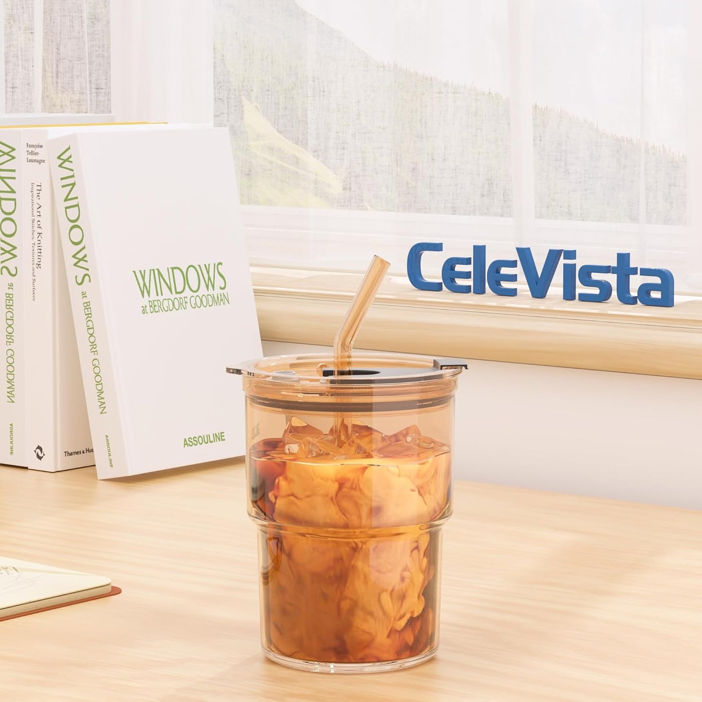 13 oz Iced Coffee Cup, Glass Tumbler with Straw and Lid for Tea, Matcha, Cold Brew, Sealed, Portable, Thick Wall, BPA-Free (Amber)
