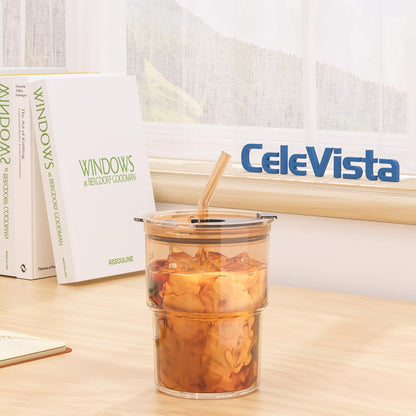 13 oz Iced Coffee Cup, Glass Tumbler with Straw and Lid for Tea, Matcha, Cold Brew, Sealed, Portable, Thick Wall, BPA-Free (Amber)