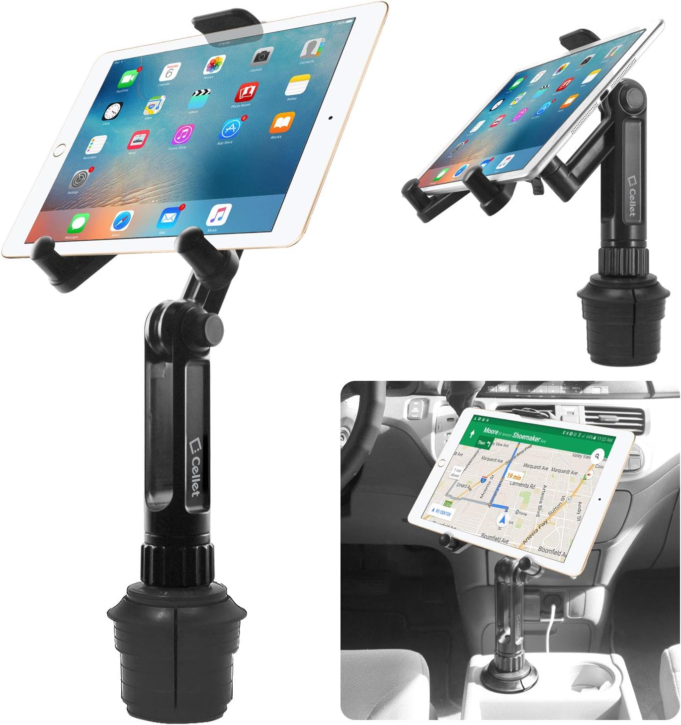 Cellet Cup Holder Tray for Car with Phone Mount – Expandable Base, 360° Rotation Food & Drink Tray with Non-Slip Surface, Adjustable Arm for Eating in Vehicle – Fits Most Standard Car Cup Holders