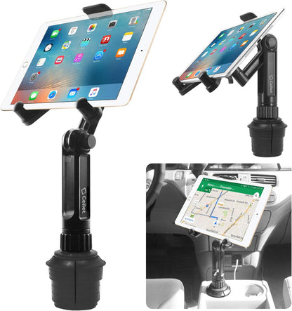 Cellet Cup Holder Tray for Car with Phone Mount – Expandable Base, 360° Rotation Food & Drink Tray with Non-Slip Surface, Adjustable Arm for Eating in Vehicle – Fits Most Standard Car Cup Holders