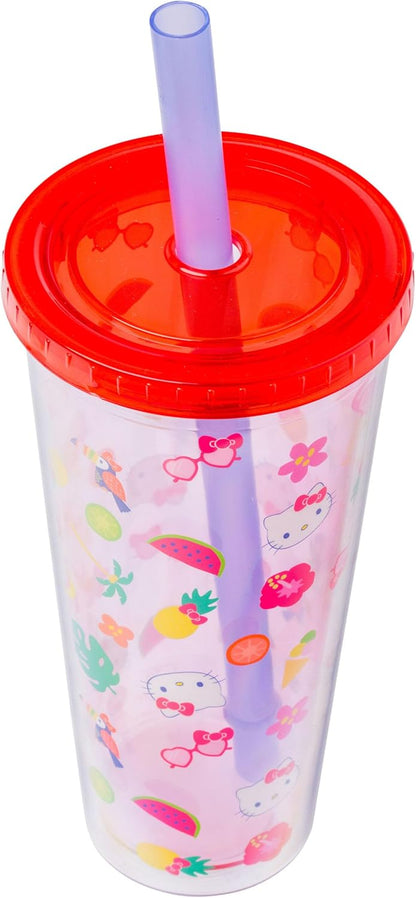 Silver Buffalo Sanrio Hello Kitty Milk Carton Pattern Plastic Boba Tumbler w Lid and Wide Straw, 24 Ounces