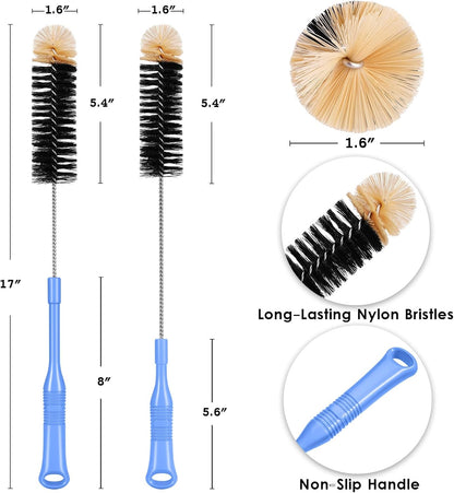 MOSOLAN Bottle Cleaning Brush, 17 Inches Extra Long Handle Water Bottle Brush, Flexible Bendable Cleaner for Washing Narrow Neck Bottles, Wine Decanter, Kombucha, Pipes, Beer Brewing Supplies, 2 Pack