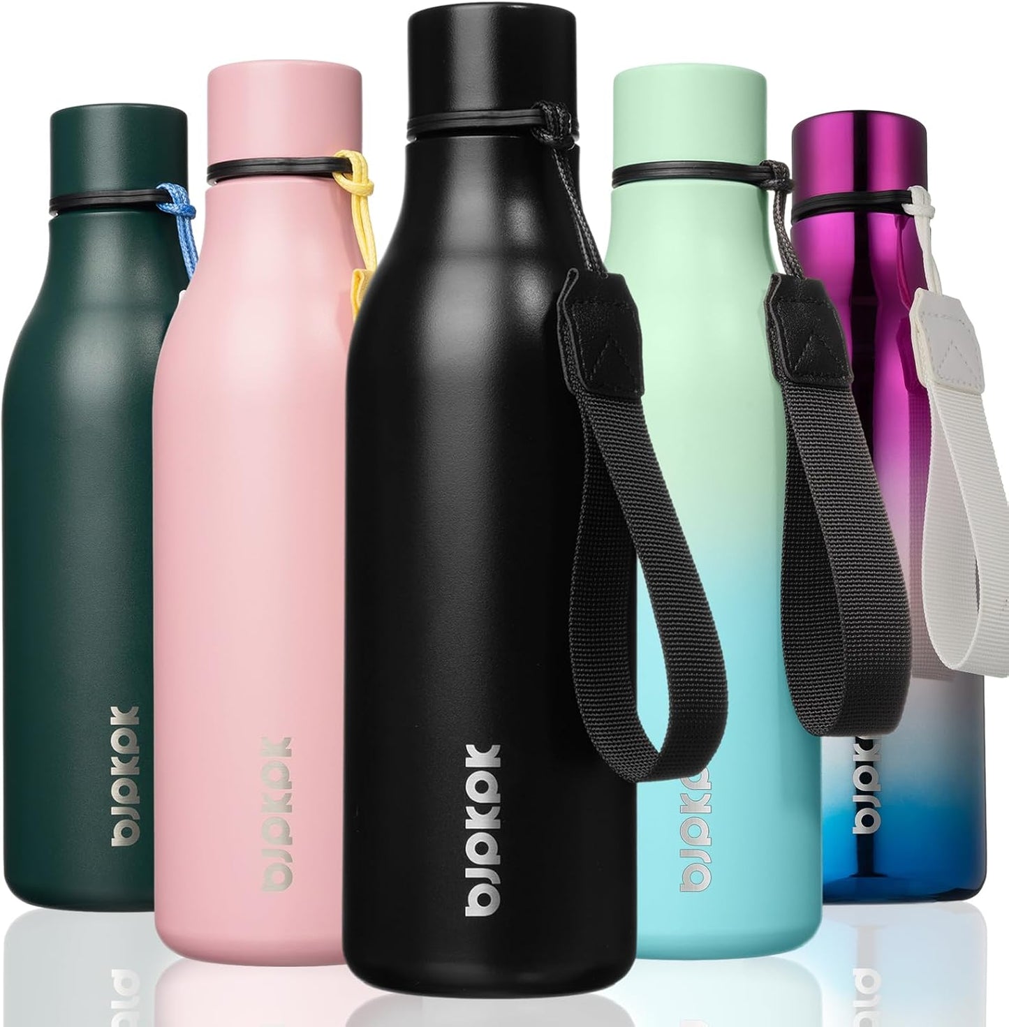 BJPKPK Insulated Water Bottles, 18 oz Stainless Steel Metal Water Bottle with Strap, BPA Free Leak Proof Jugs, Mugs, Flasks, Reusable Thermal Flasks for Sports & Travel, Black - Colors B
