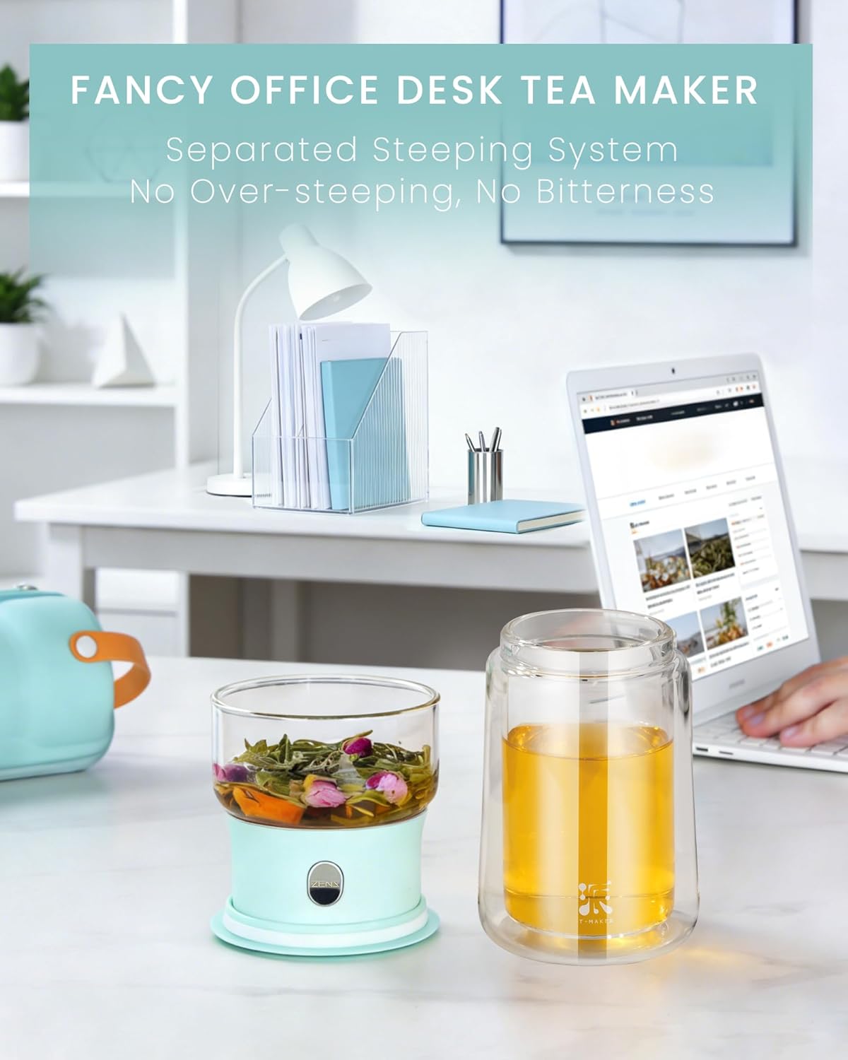 ZENS Modern Glass Infuser Teapot, One Touch Tea Maker for Loose Leaf Tea with Insulated Mug and Portable Case. Enchanted Pot Alternatives for Tea Lover Gifts
