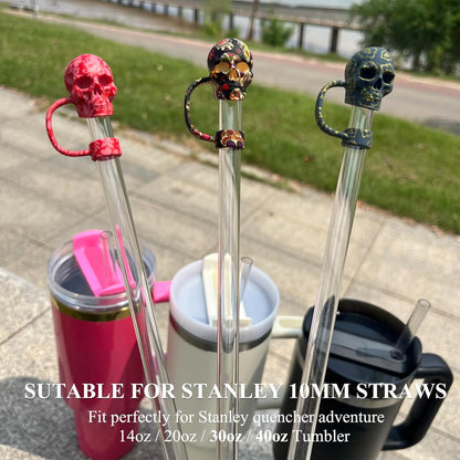 Skull Straw Cover Caps for Halloween Stanley Cup - 3 PCs Silicone Goth Straw Toppers Cool 10mm Straws Accessories Day of the Dead Gift for Boys