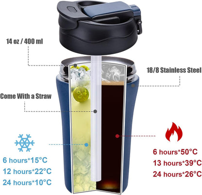 14 oz Travel Coffee Mug, 2 Pack Vacuum Insulated Coffee Travel Mug Spill Proof with Lid and Straw, Stainless Steel Reusable Coffee Tumbler for Hot and Cold Drinks, Gift for Men and Women(Black Grey)