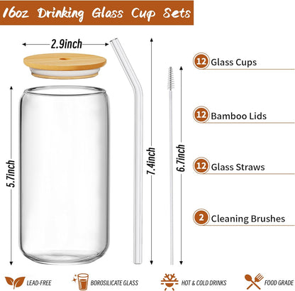 12 Pcs Glass Cups with Bamboo Lids and Straws - 16oz Glass Tumbler, Iced Coffee Cup, Can Shaped Drinking Glasses for Coffee, Tea, Smoothie, Juice, Cocktail Include 2 Cleaning Brushes