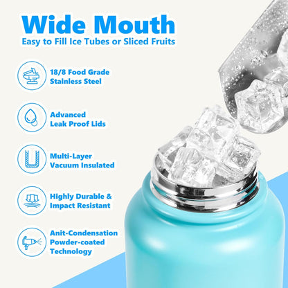 Insulated Water Bottle with Lid & Boot & Stickers, 24 oz Stainless Steel Sweat Free Bottle Keep Cold 24H, BPA-Free Sports Wide Mouth Water Bottle, BlueBlack