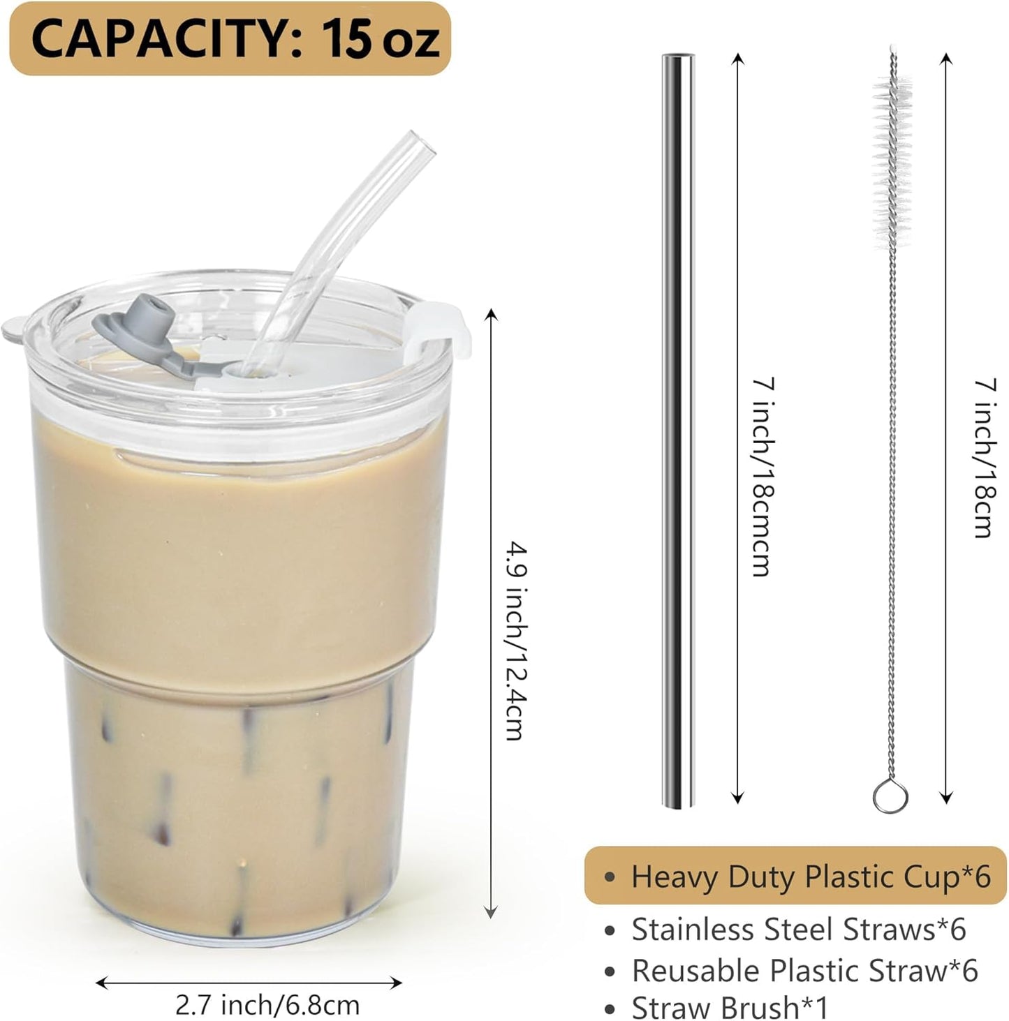 15 oz Plastic Matcha Iced Coffee Cups with Lids and Straws Set of 2, Unbreakable Drinking Glasses Reusable Iced Coffee Glass to Go Cup for Tea Smoothie Juice Cup Dishwasher Safe