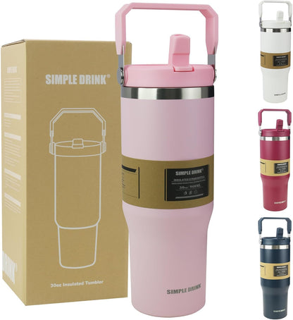 30oz Flip Straw Insulated Water Bottle with Handle, Leak Proof Stainless Steel Travel Tumbler With Lid, Double Wall Vacuum Iced Coffee Travel Mug, Sport Cup, Outside use
