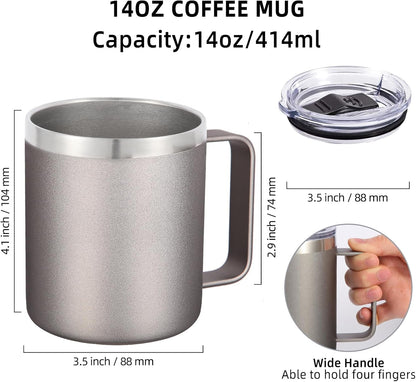 Volhoply 14oz Insulated Stainless Steel Coffee Mug with Lid Bulk 4 Pack,Double Wall Vacuum Travel Coffee Cup with Handle,Reusable Metal Cups Tumbler Cup,Camping Mugs,Ideal Gifts(Mix,4)