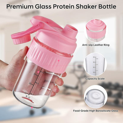 16oz Glass Shaker Bottle for Protein, Small Borosilicate Glass Protein Powder Leak-Proof Shaker Cup Mixes with 304 Blending Ball(16oz,Black)