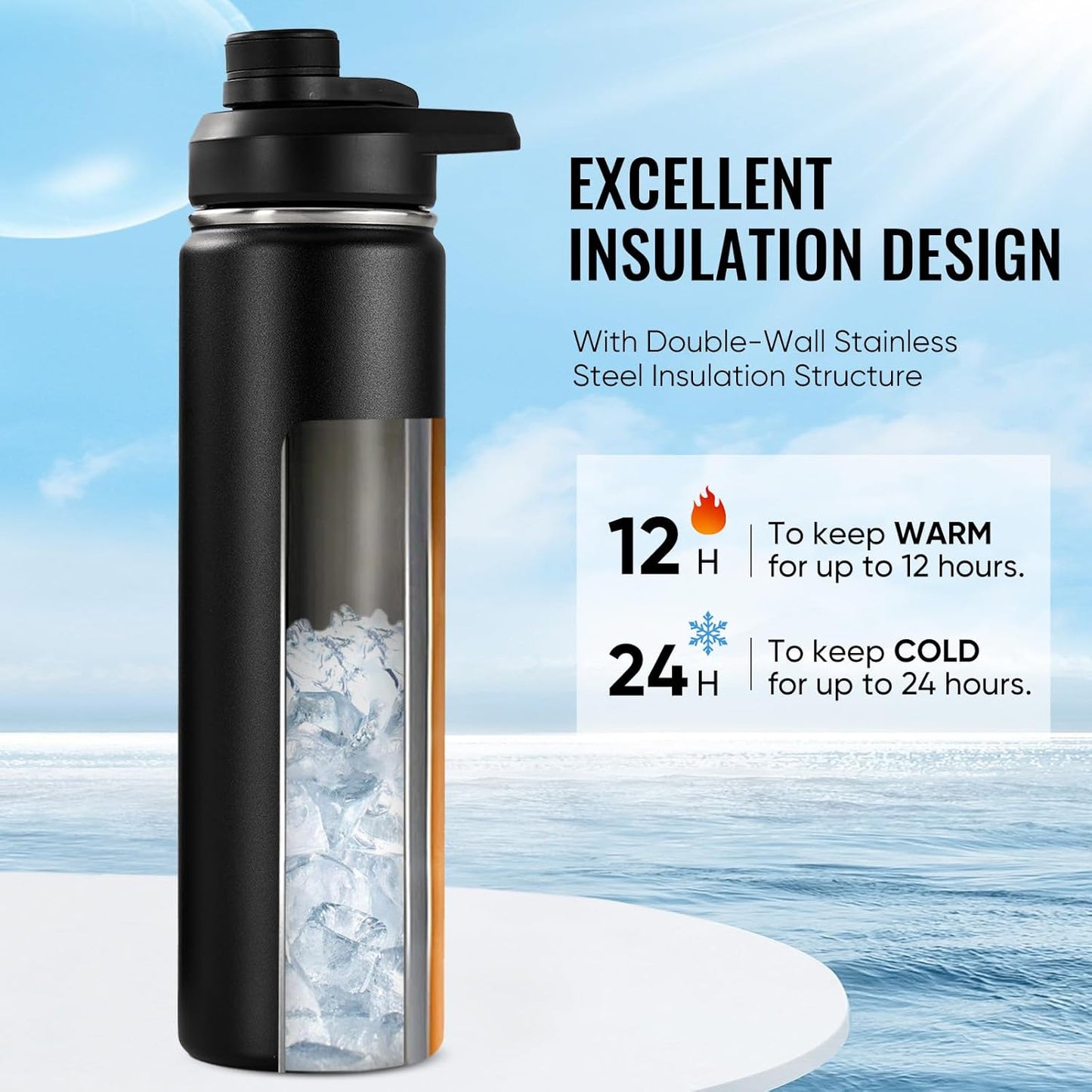 Fijinhom 24 oz Insulated Water Bottle with Handle, 304 Stainless Steel Water Bottles with Wide Mouth, Double Wall Vacuum Sports Water Bottle, BPA Free, Keep Cold and Hot, Black | with Handle