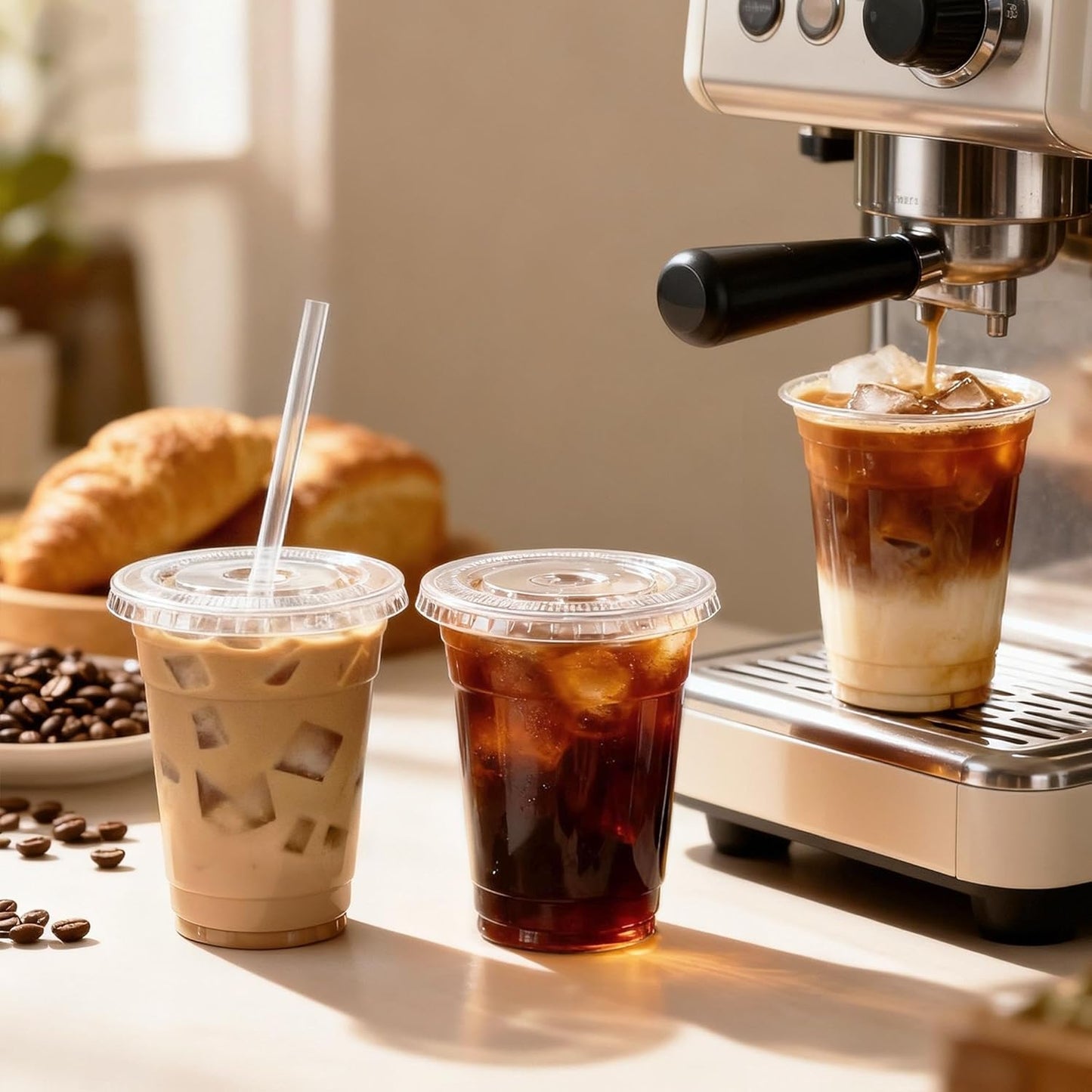 100 Pack 16 oz Plastic Cups with Lids and Straws, Clear Disposable Plastic Cups, Heavy Duty Iced Coffee Cups with Leak-Resistant Lids, Cold Drink Cups for Juice, Coffee and Milk Tea & Party To Go