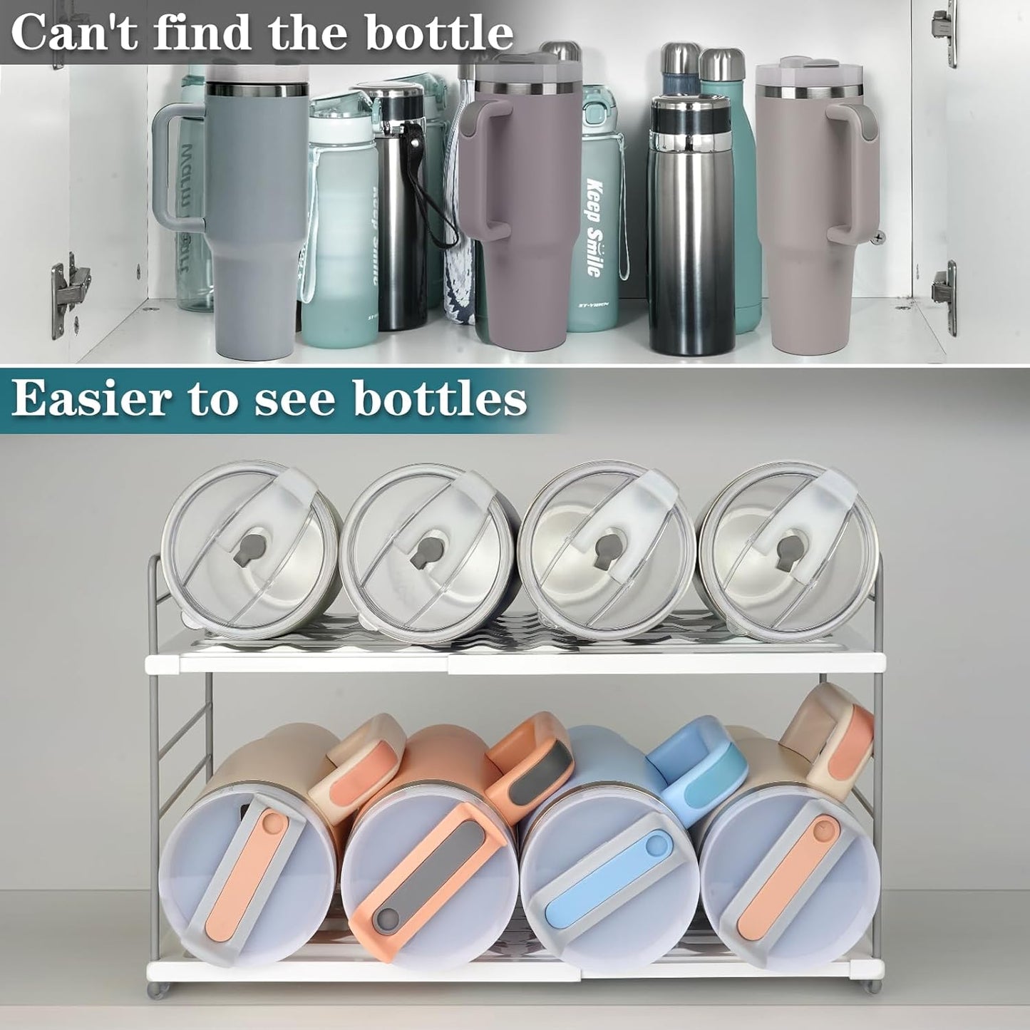 10.6-16.7" Adjustable Width Water Bottle Organizer for Cabinet, 3-Tier Expandable Water Bottle Holder Rack, Cup and Tumbler Storage for Kitchen Organization, Sports Flask, Insulated Travel Mug, Fridge