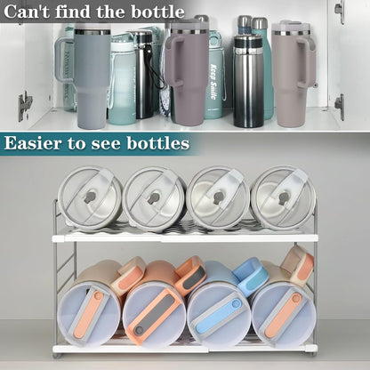 10.6-16.7" Adjustable Width Water Bottle Organizer for Cabinet, 3-Tier Expandable Water Bottle Holder Rack, Cup and Tumbler Storage for Kitchen Organization, Sports Flask, Insulated Travel Mug, Fridge