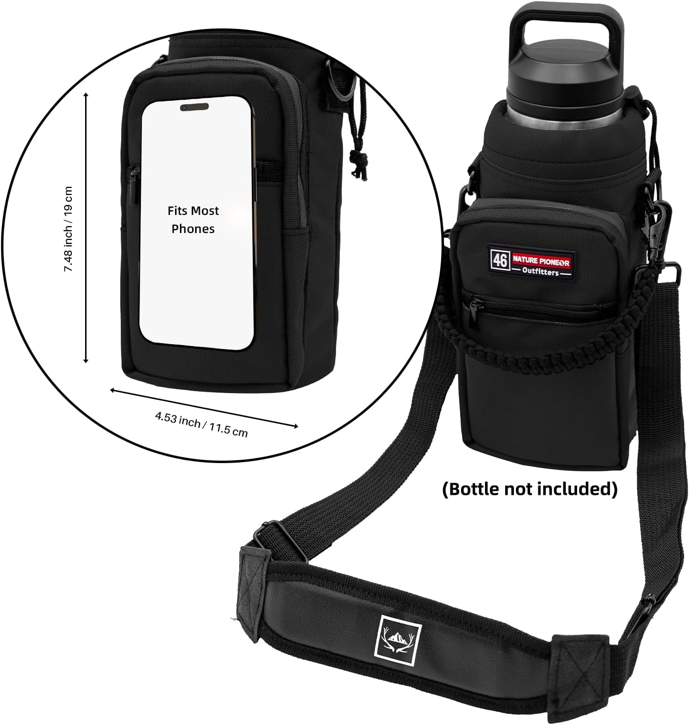 NATURE PIONEOR Water Bottle Holder with Adjustable Strap - 26/32/36/40/46/64oz Insulated Water Bottle Sling Carrier with Paracord Handle & 2 Pockets, Outdoor Sports, Hiking, Camping, Gym