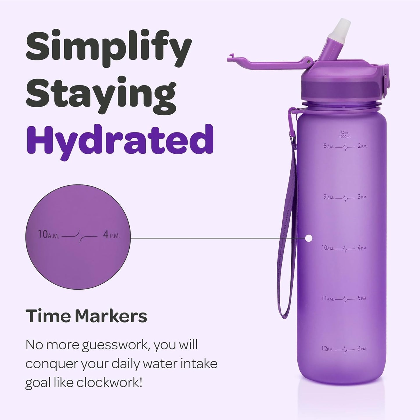 Hydracy Water Bottle with Time Marker -Large BPA Free Water Bottle & No Sweat Sleeve -Leak Proof Gym Bottle with Times to Drink - Ideal for Fitness Sports & Outdoors