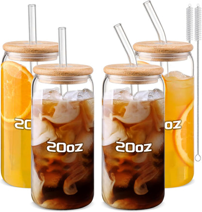 DWTS DANWEITESI Glass Cups with Lids and Straws 4 pcs,16oz Drinking Glasses Set for Coffee Bar Accessories,Iced Coffee Cups with Lids,Matcha Cup Glass Tumbler Reusable for Gifts