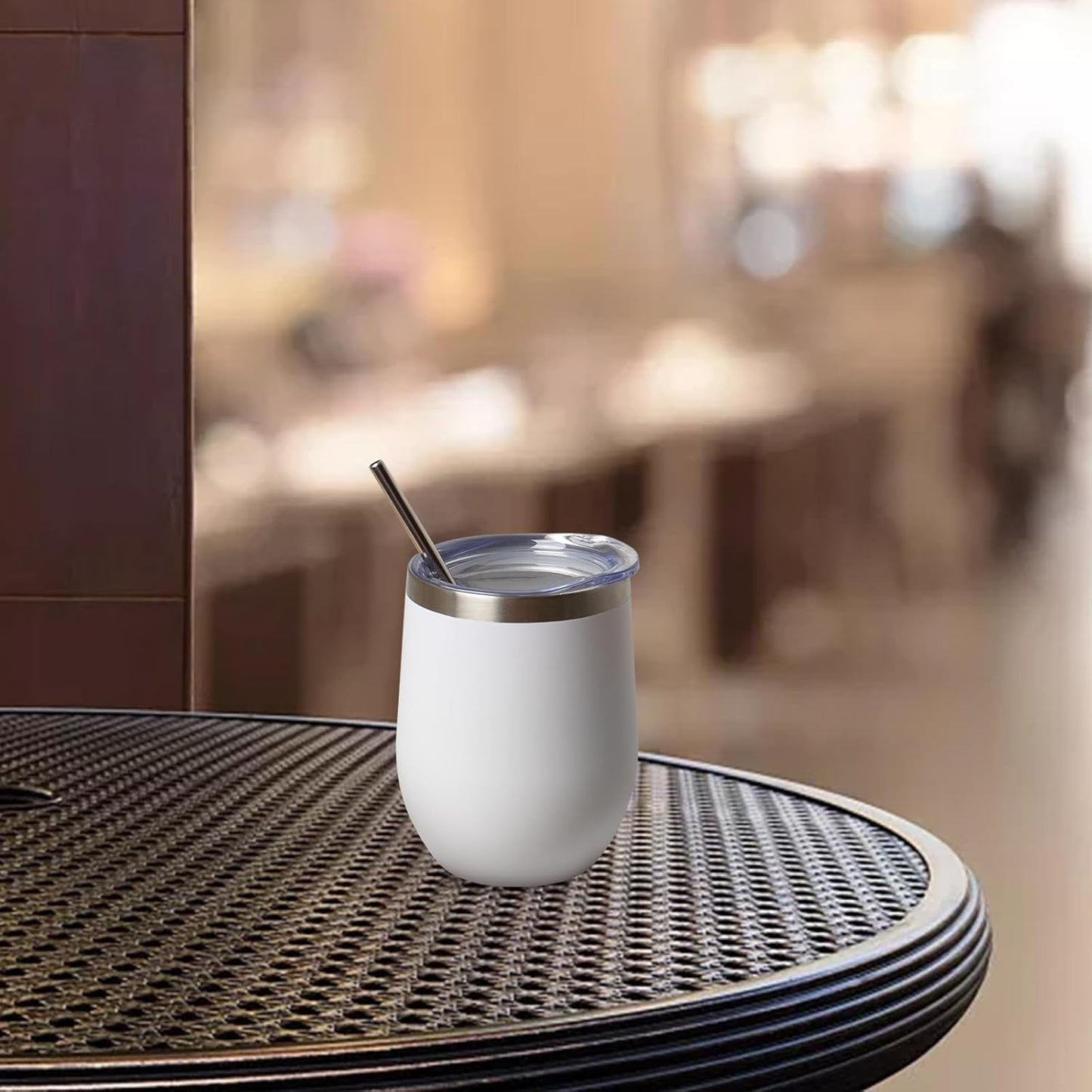 12 oz Insulated Wine Tumbler with Lid and Straw,Stainless Steel Stemless Wine Tumbler Glasses Double Wall Vacuum Wine Cups Tumbler for Coffee,Champaign,Cocktail,Office（Silver,1）
