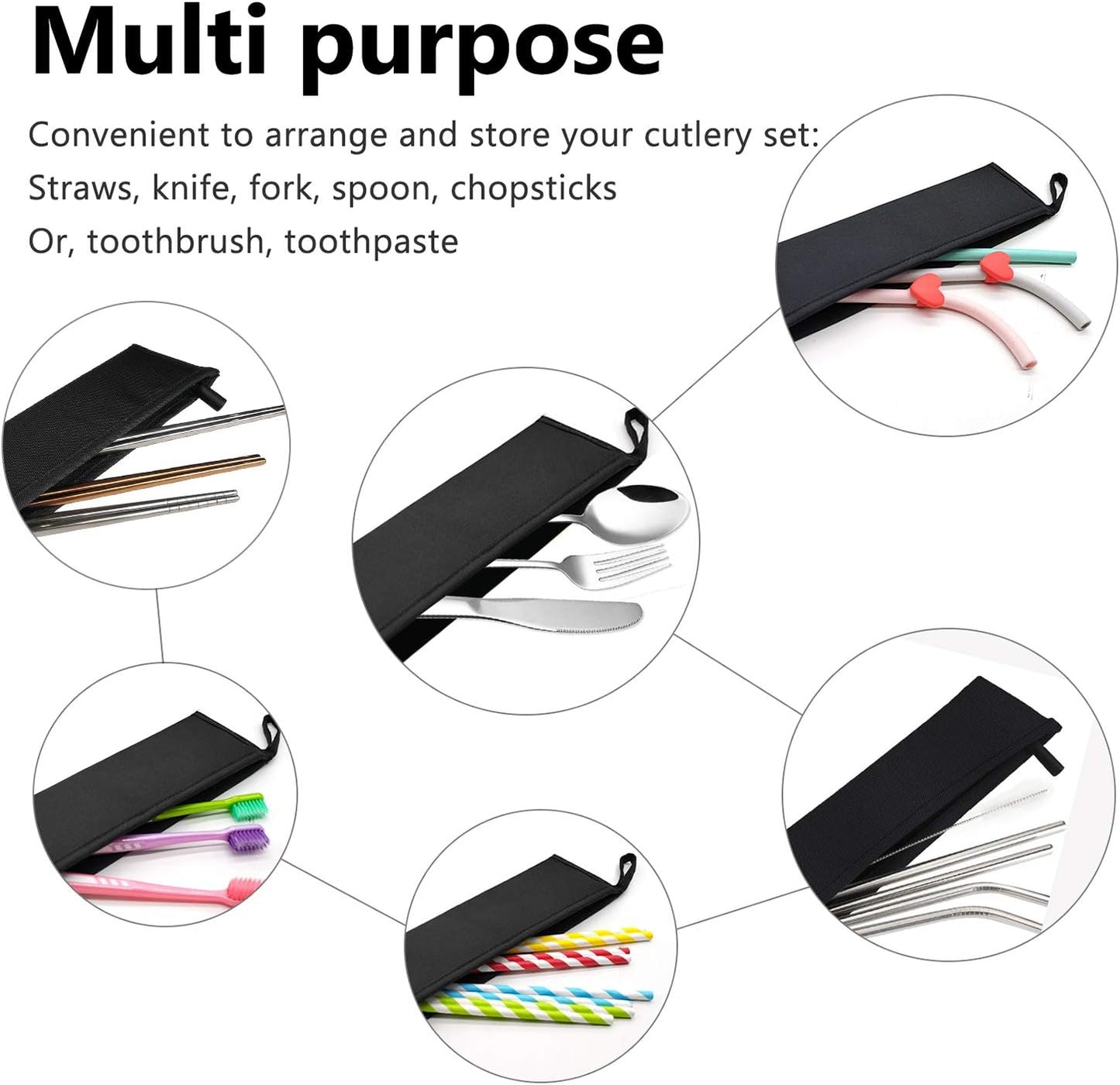 Aosbos Reusable Straws Carrying Case, Portable Small Pouch for Metal, Paper, Plastic, Silicone Disposable Straws, Stainless Steel Chopstick - Black