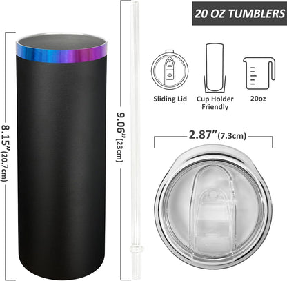 20 oz Skinny Tumblers Bulk, Stainless Steel Insulated Tumbler with Lids and Straws, Slim Double Wall Powder Coated Travel Coffee Mugs Reusable Cup for Hot Cold Drinks (Black,1 pack)