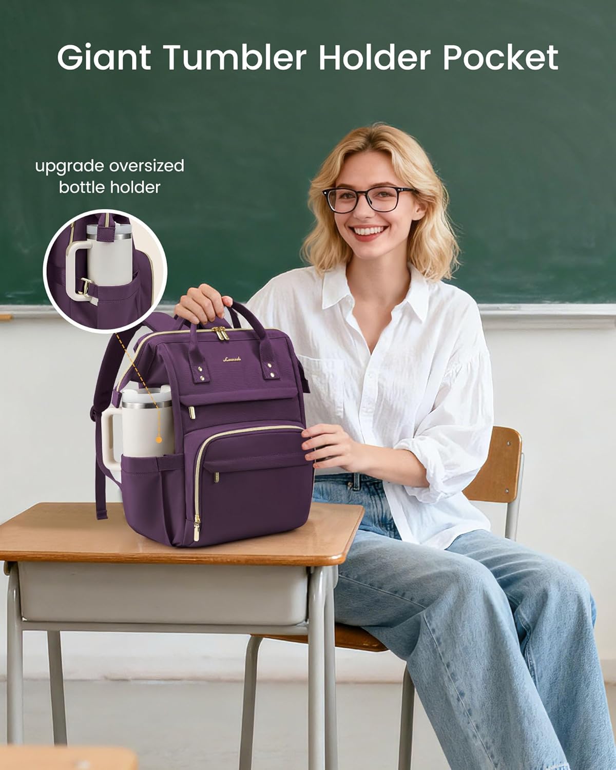 LOVEVOOK Laptop Backpack for Women with Giant Tumbler Holder Pocket,15.6 inch Waterproof Travel Backpack Purse Computer Laptop Bag,Professional Work College Nurse Teacher Backpack Casual Daypack,Black