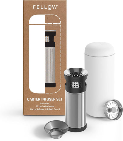 Fellow Carter Tea + Cold Brew Infuser & Carter Move 16 oz Tumbler Set - Steep Tea On-The-Go - Vacuum-Insulated Stainless Steel Travel Mug w/Snap-In Infuser For Steeping, Cold Brew, Stone Blue