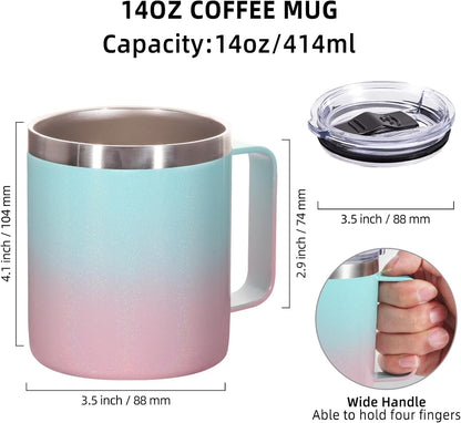 Volhoply 14oz Insulated Stainless Steel Coffee Mug with Lid Bulk 4 Pack,Double Wall Vacuum Travel Coffee Cup with Handle,Reusable Metal Cups Tumbler Cup,Camping Mugs,Ideal Gifts(Mix,4)