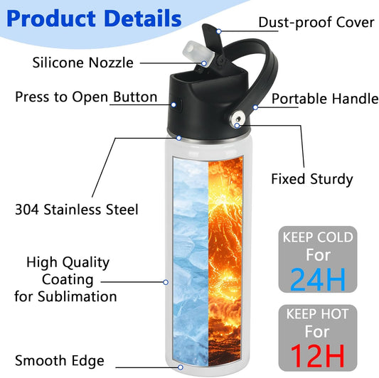 Draheri Sublimation Sports Water Bottle Blanks, 22 oz Sublimation Tumblers Bulk, Stainless Steel Insulated Tumblers with Leak Proof Lid and Portable Handle, Individually Boxed (8 Pack)