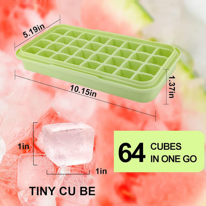 Ice Trays for Freezer with Lid & Bin, Ice Cube Tray Making 64 pcs Ice Cubes, Easy Press to Release Ice, Ice Tray with Storage Bin Chilling Cocktail Whiskey Coffee 2 Trays 1 Ice Bucket & Scoop (Black)