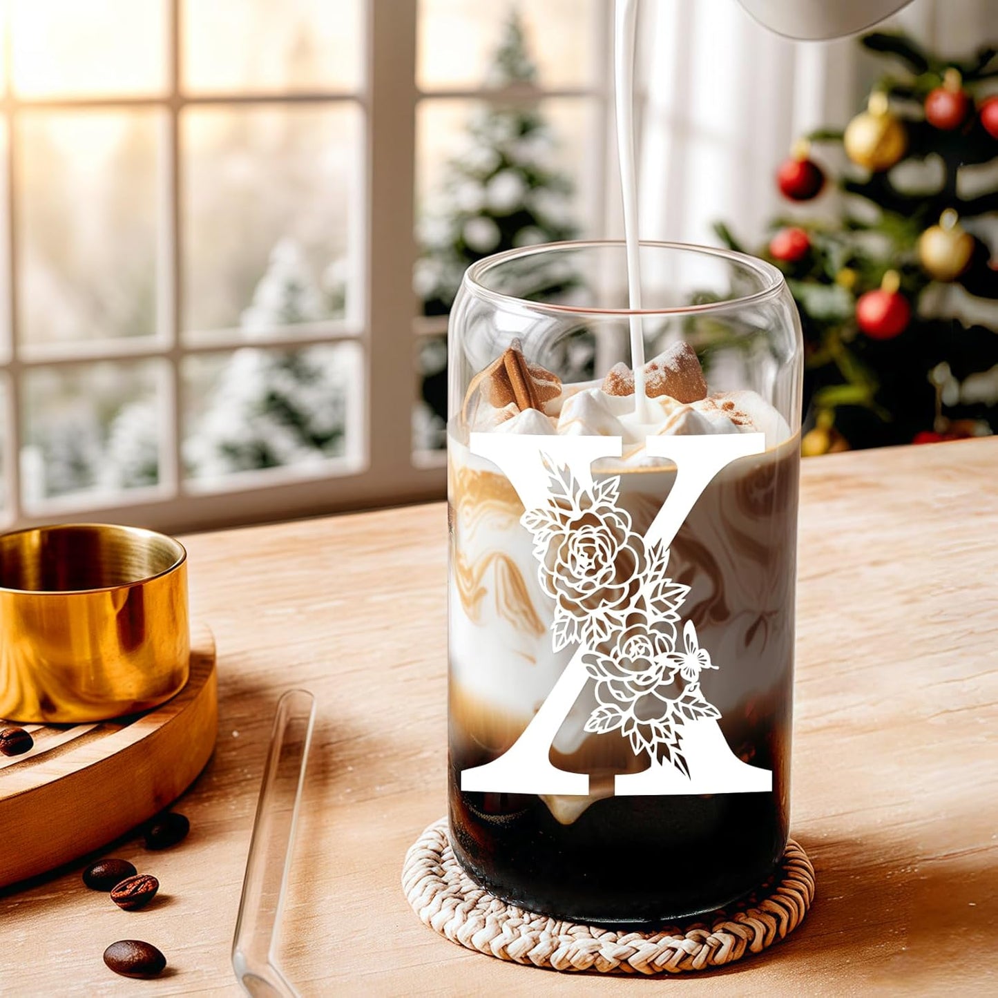 Glass Cups with Lids and Straws: Personalized Initial Glass Cup Be Used As Reusable Iced Coffee Cups with Lids,Cute Matcha Tumbler - The Christmas/Birthday Gifts for Women - M Smoothie Cup
