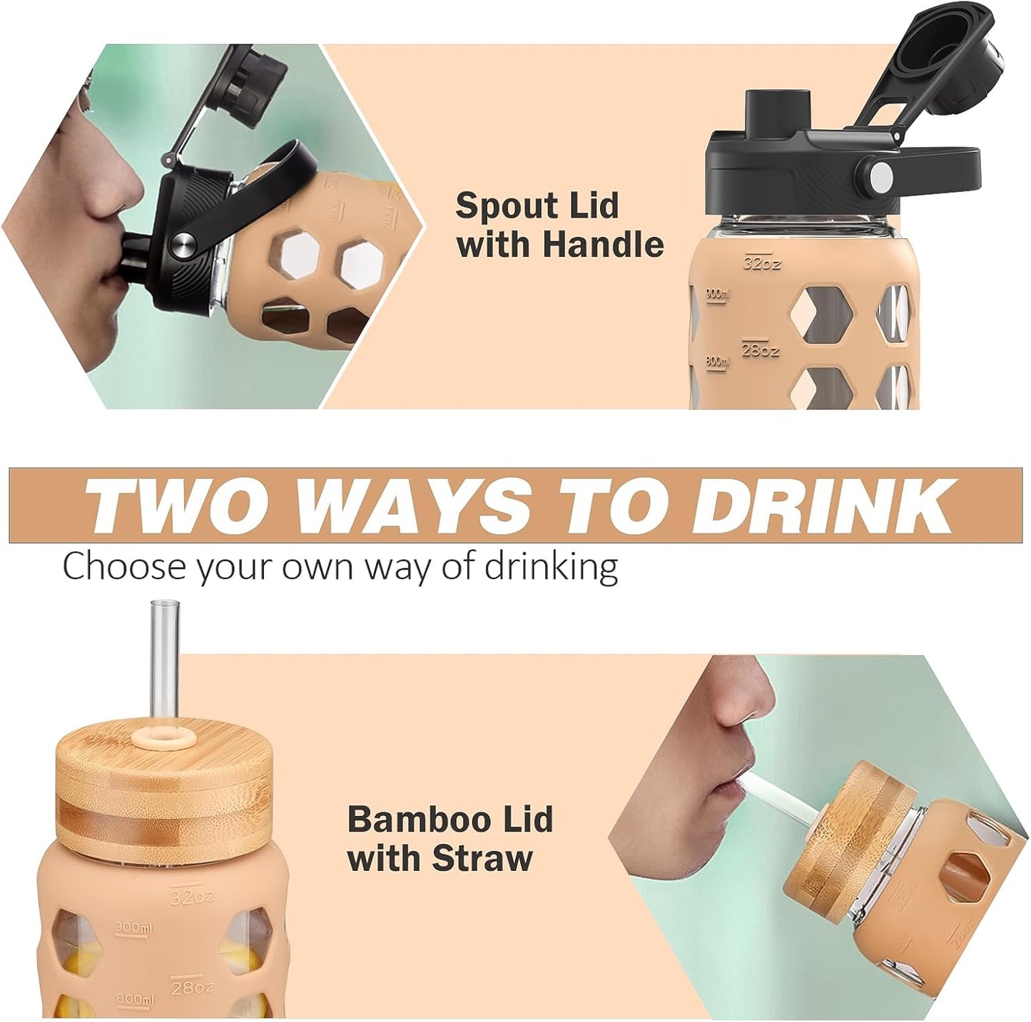 MUKOKO Glass Water Bottles, 32oz Glass Tumbler with Straw, Drinking Bottles with 2 Lids-Handle Spout Lid&Bamboo Straw Lid, Motivational Water Bottle with Time Marker and Silicone Sleeve, 1 Pack-Olive