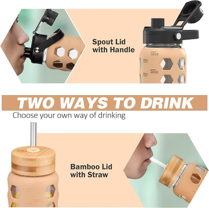 MUKOKO Glass Water Bottles, 32oz Glass Tumbler with Straw, Drinking Bottles with 2 Lids-Handle Spout Lid&Bamboo Straw Lid, Motivational Water Bottle with Time Marker and Silicone Sleeve, 1 Pack-Olive