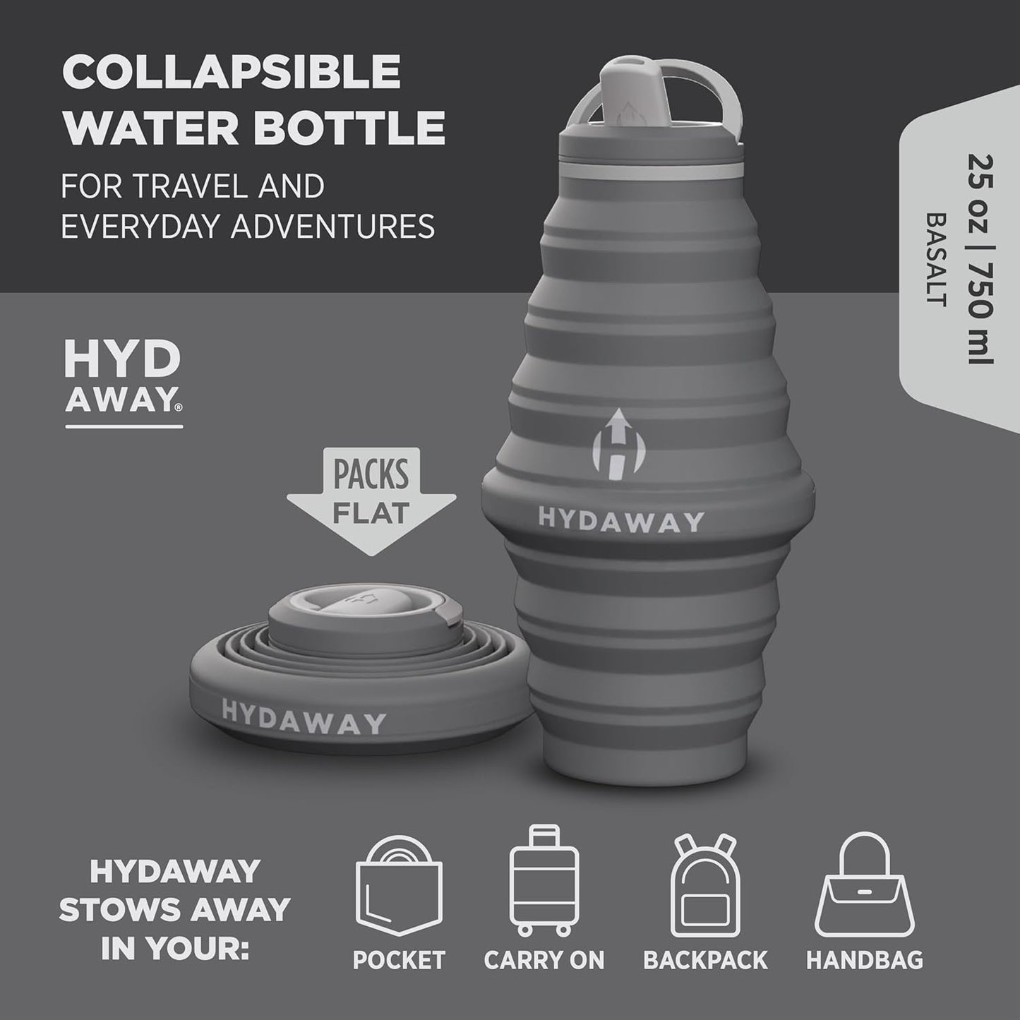 HYDAWAY 25oz Collapsible Travel Water Bottle - BPA-Free, Leakproof, Lightweight, Space-Saving - Perfect for Hiking, Travel, and All-Day Hydration