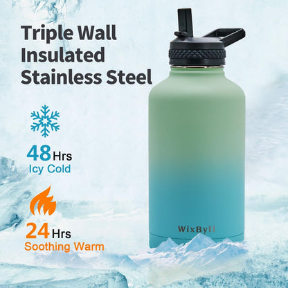 WixByti 40 oz Insulated Water Bottle with Straw (Cold for 36 Hrs), Stainless Steel Triple Wall Vacuum Sports Water Jug, Leakproof Hydro Cup Flask with Paracord Handle & Straw Spout Lids & DIY Stickers