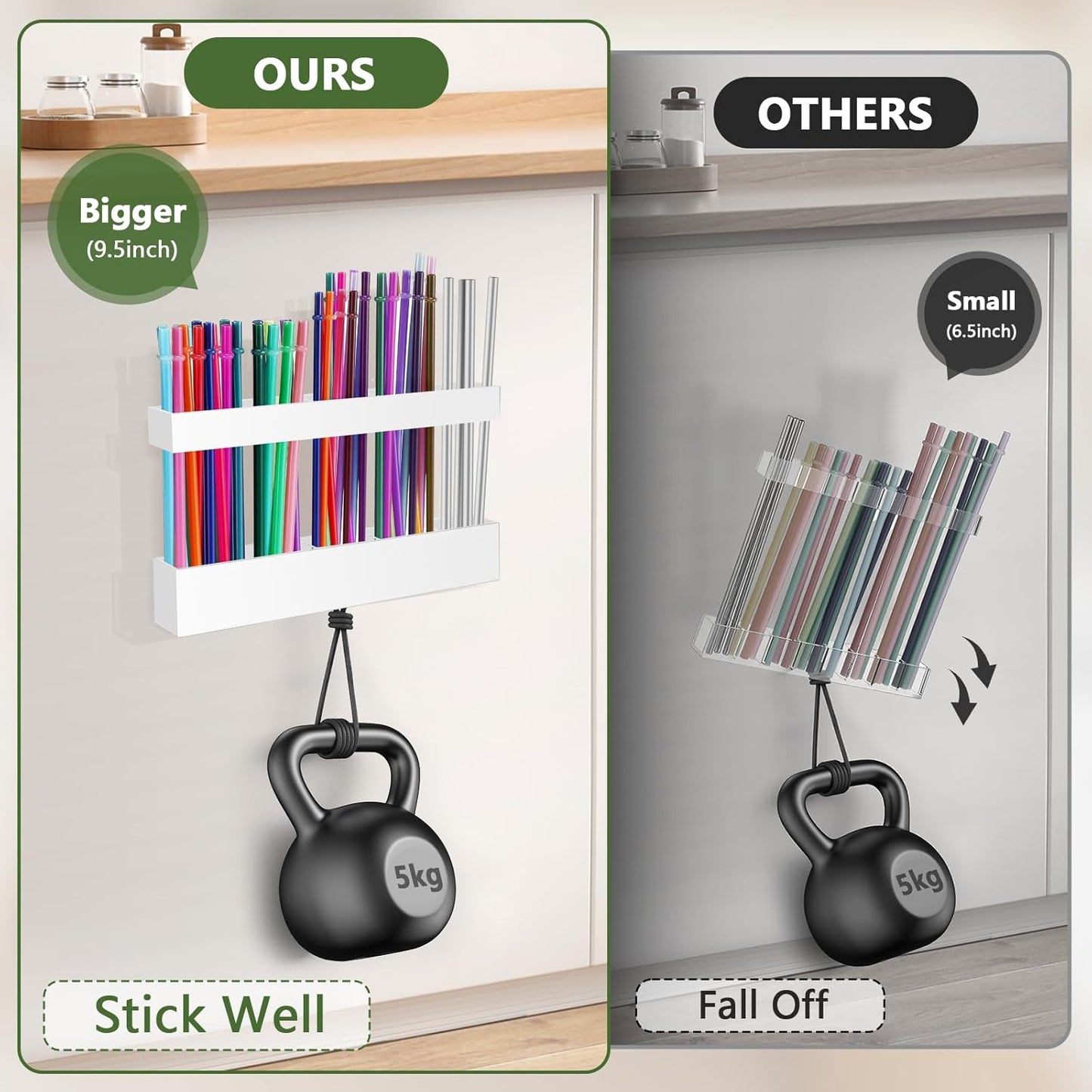 Malldii 9.5" Large Acrylic Straw Holder for Cabinet Door - Reusable Tumbler Straw Organizer Storage, Small Kitchen Accessories Container, Ultra Sticky Cupboard Door Mounted (Transparent)