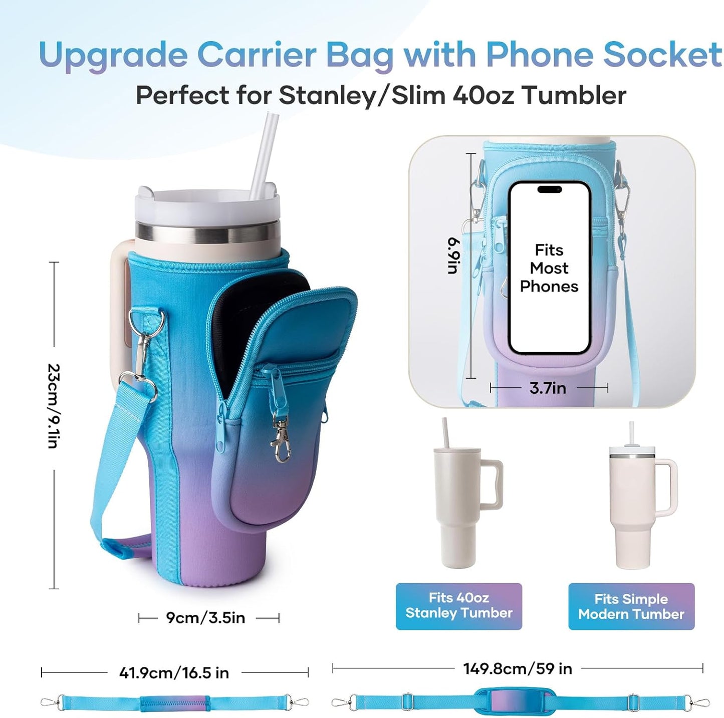 linmaya Water Bottle Carrier Bag for Stanley Cup 40/30oz with Phone Holder Pockets,Neoprene Water Bottle Cross-body Bag with Adjustable Shoulder & Hand Strap Stanley Cup Accessories