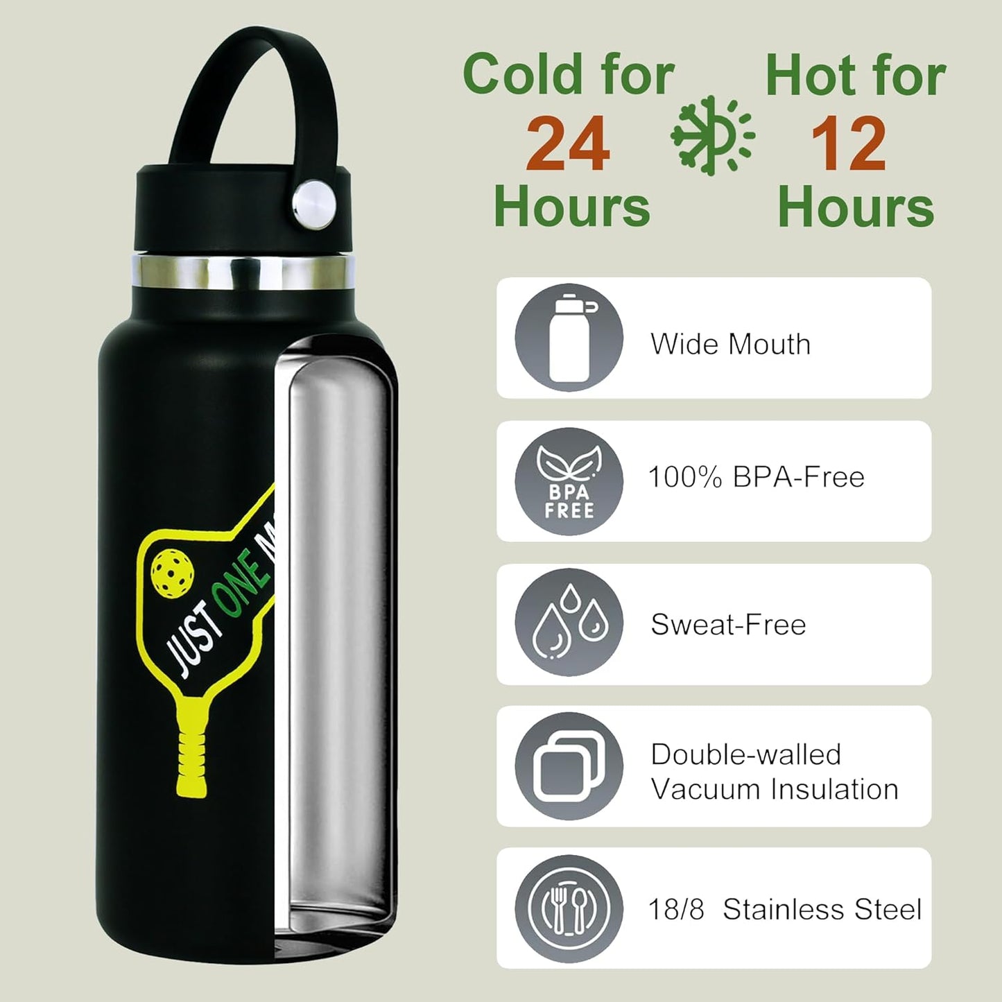 Pickleball Water Bottle 32 oz, Gifts for Pickleball Lovers, Wide Mouth Vacuum Insulated Sports Bottle with 2 Leakproof Lids, Stainless Steel Cup with Straw for Cold Drinks