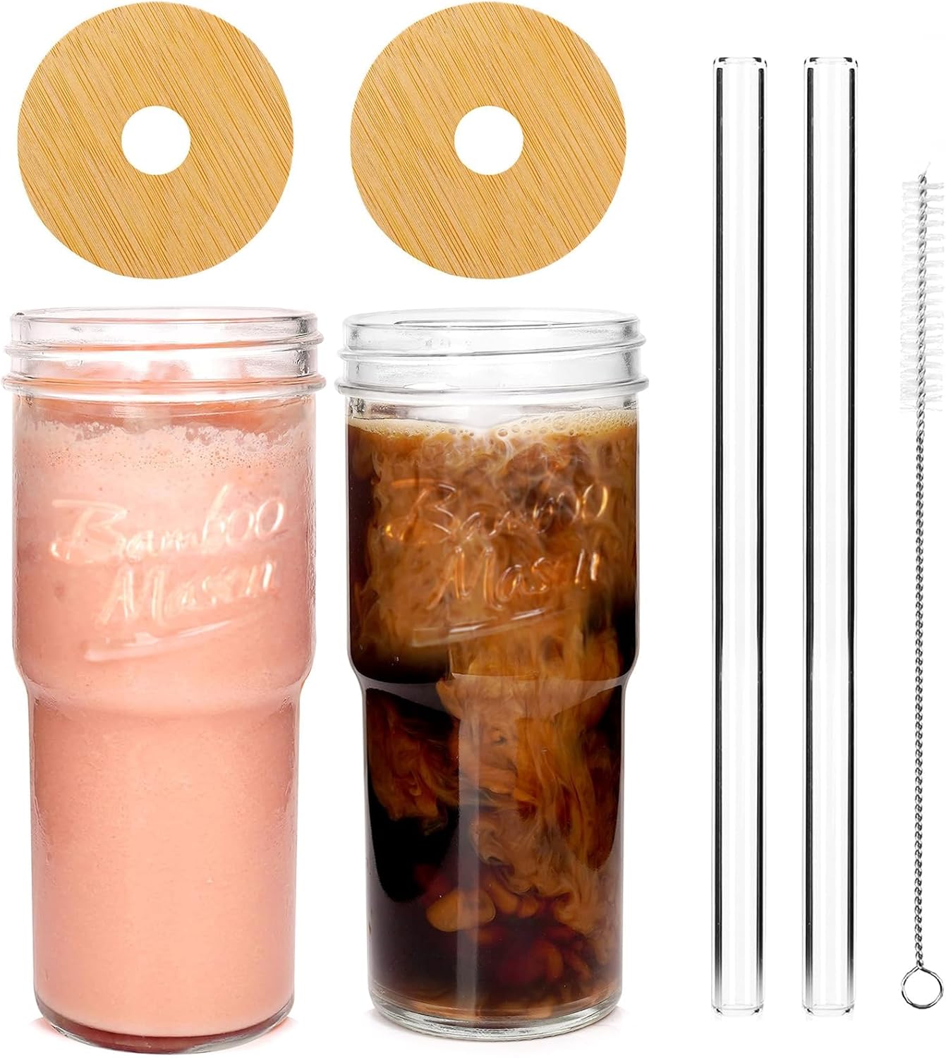 ANOTION Bamboo Mason Leakproof Mason Jar Cups with Lids and Straws, Cap Cup 24oz Glass Tumbler with Handle, Rotating Lid Silicone Straw, Reusable Iced Coffee Matcha Cup Coffee Gifts for Women 2pc