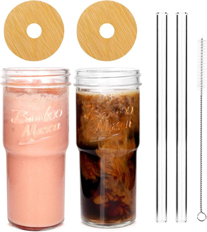 ANOTION Bamboo Mason Leakproof Mason Jar Cups with Lids and Straws, Cap Cup 24oz Glass Tumbler with Handle, Rotating Lid Silicone Straw, Reusable Iced Coffee Matcha Cup Coffee Gifts for Women 2pc