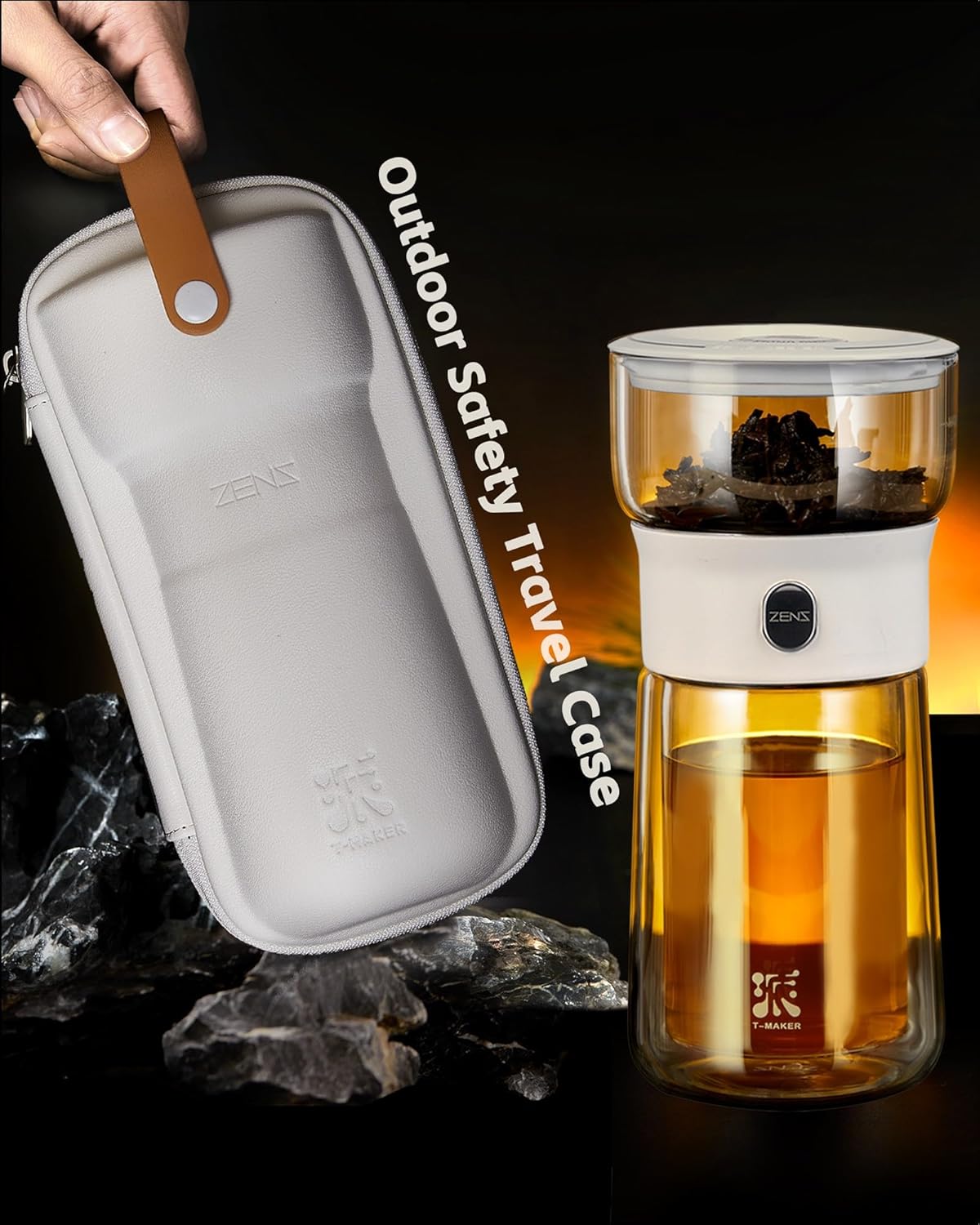 ZENS Modern Glass Infuser Teapot, One Touch Tea Maker for Loose Leaf Tea with Insulated Mug and Portable Case. Enchanted Pot Alternatives for Tea Lover Gifts