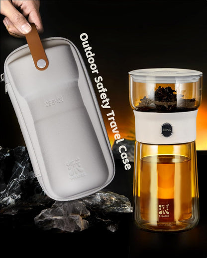 ZENS Modern Glass Infuser Teapot, One Touch Tea Maker for Loose Leaf Tea with Insulated Mug and Portable Case. Enchanted Pot Alternatives for Tea Lover Gifts