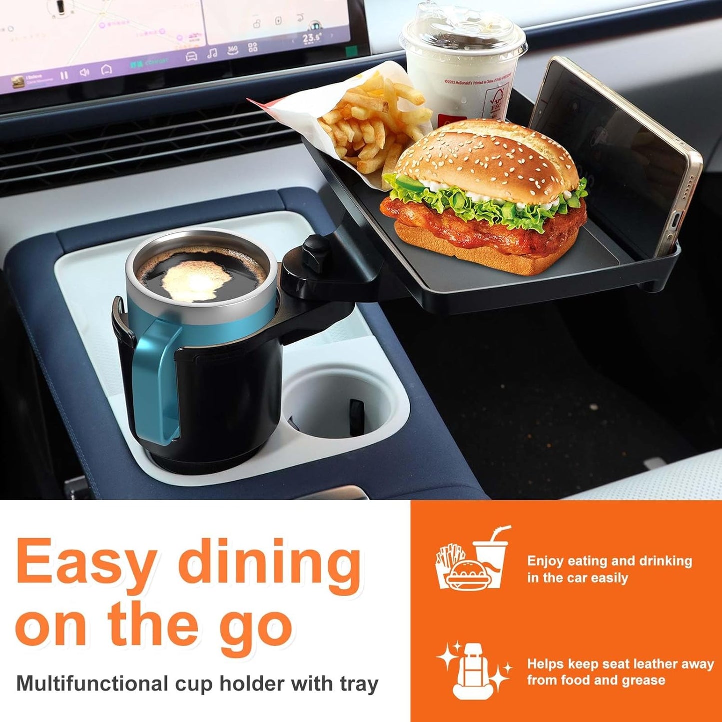 Car Large Cup Holder Expander, 5-in-1 Cupholder Extender with Phone Holder & Swivel and Detachable Snack Food Tray Table for Eating, Travel Essentials for Road Trips for Driver. Model C